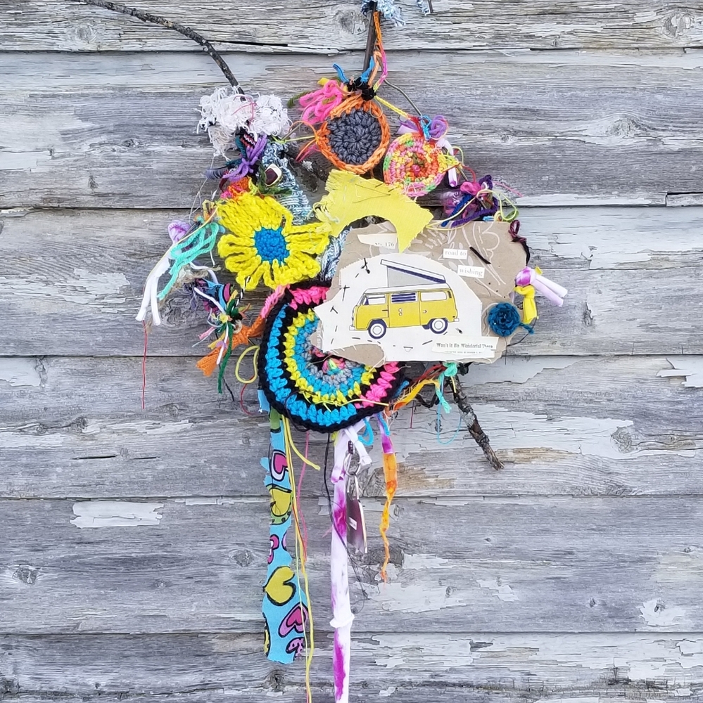 Boho VW Bus Crochet Fiber Wall Art Handmade Wreath